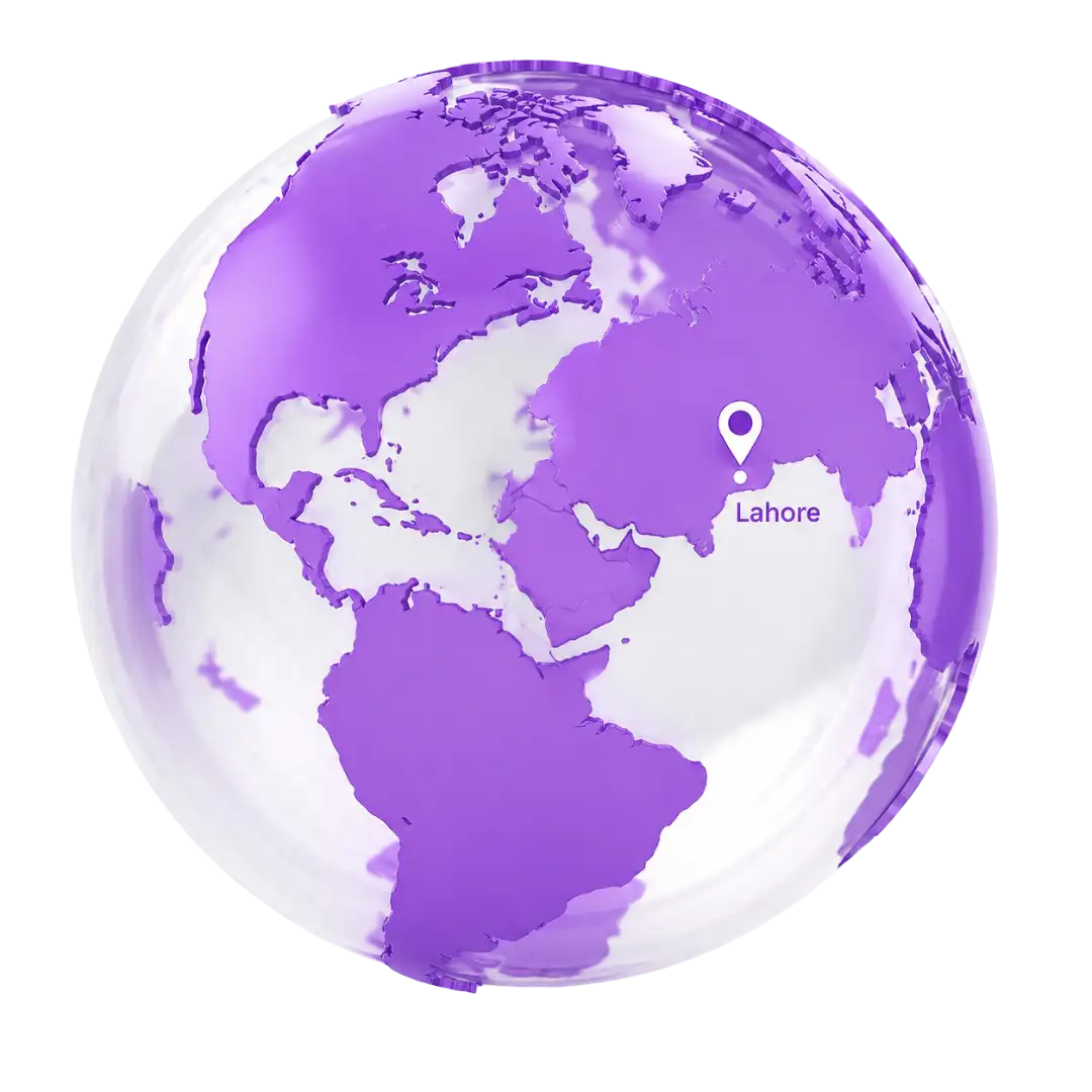 Purple globe map highlighting Lahore with a location pin