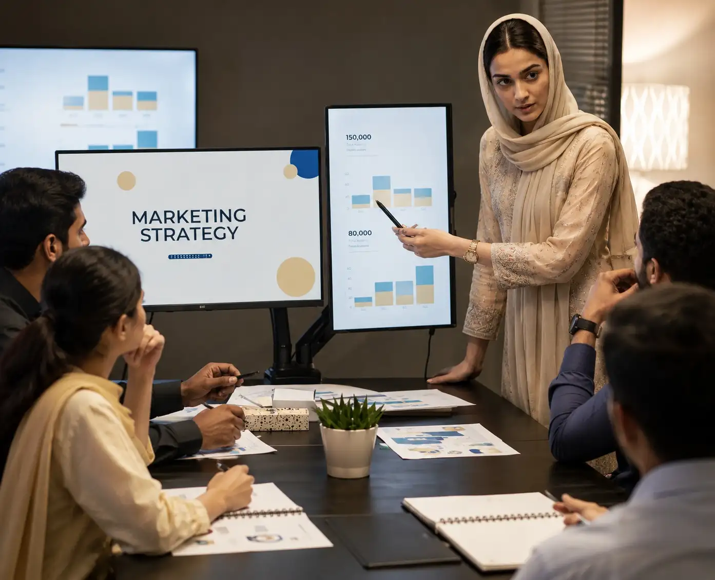 Marketing team discussing strategy and analytics in an office meeting
