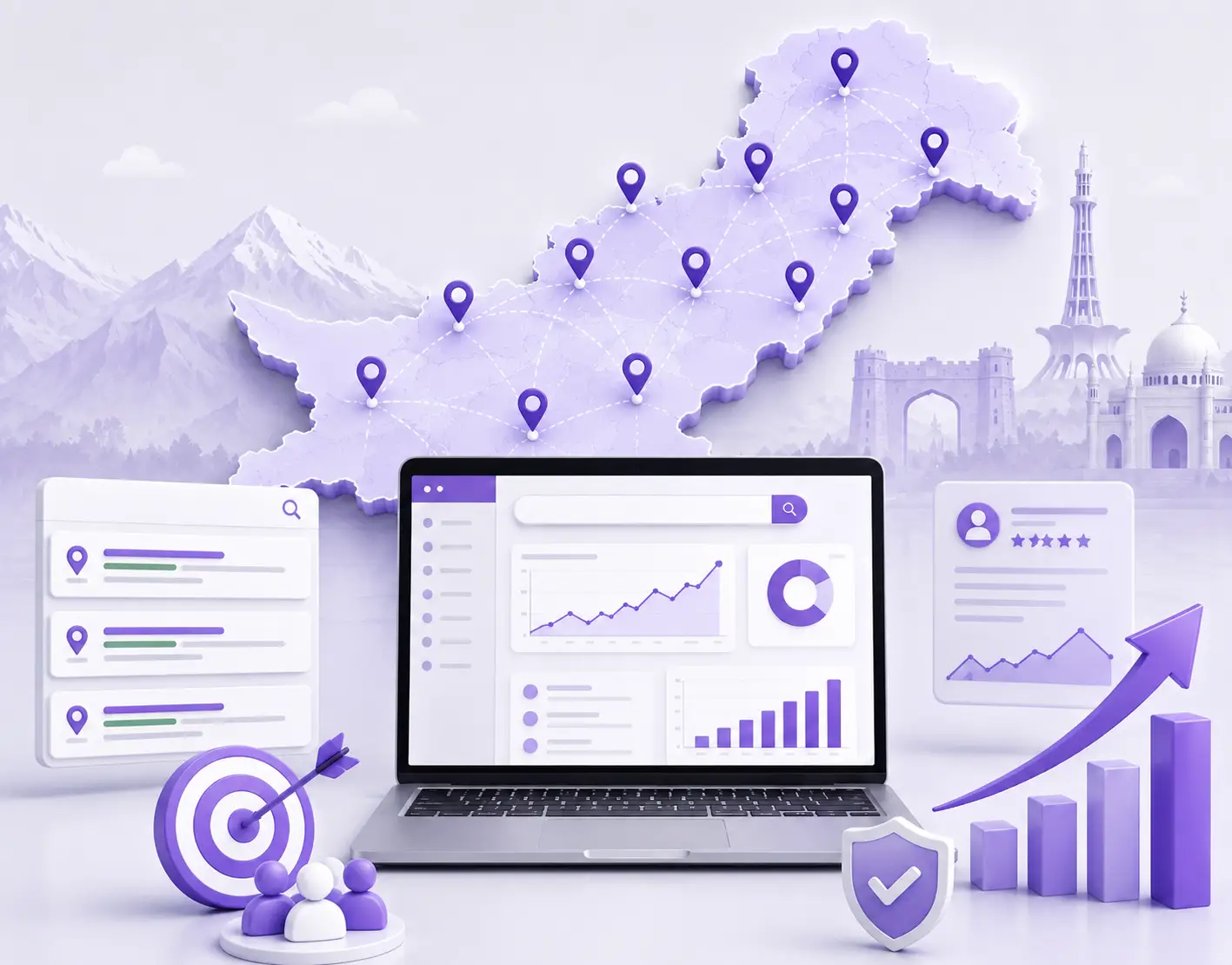 Pakistan map with local SEO analytics and business growth dashboard