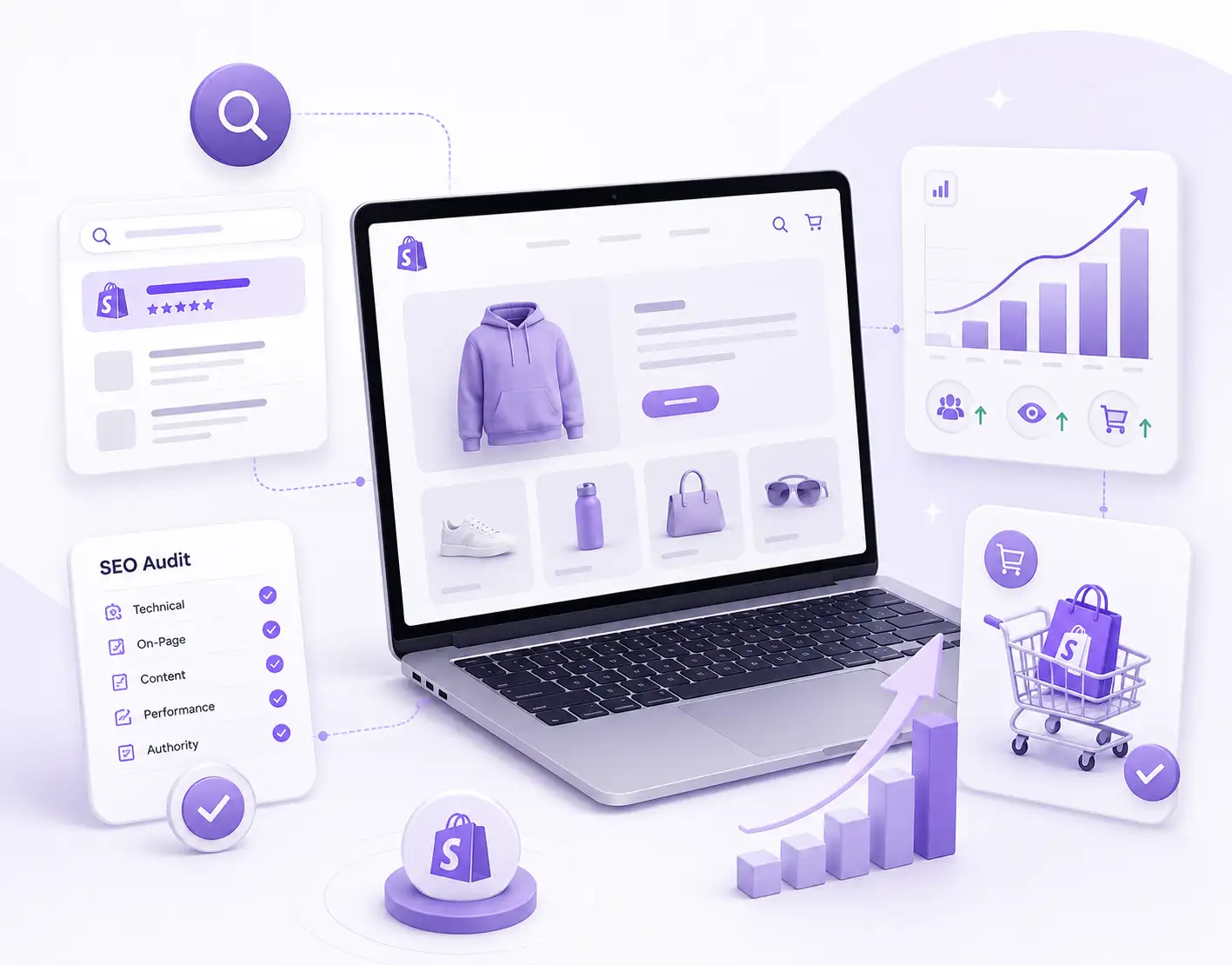 Shopify store SEO dashboard with analytics and growth charts