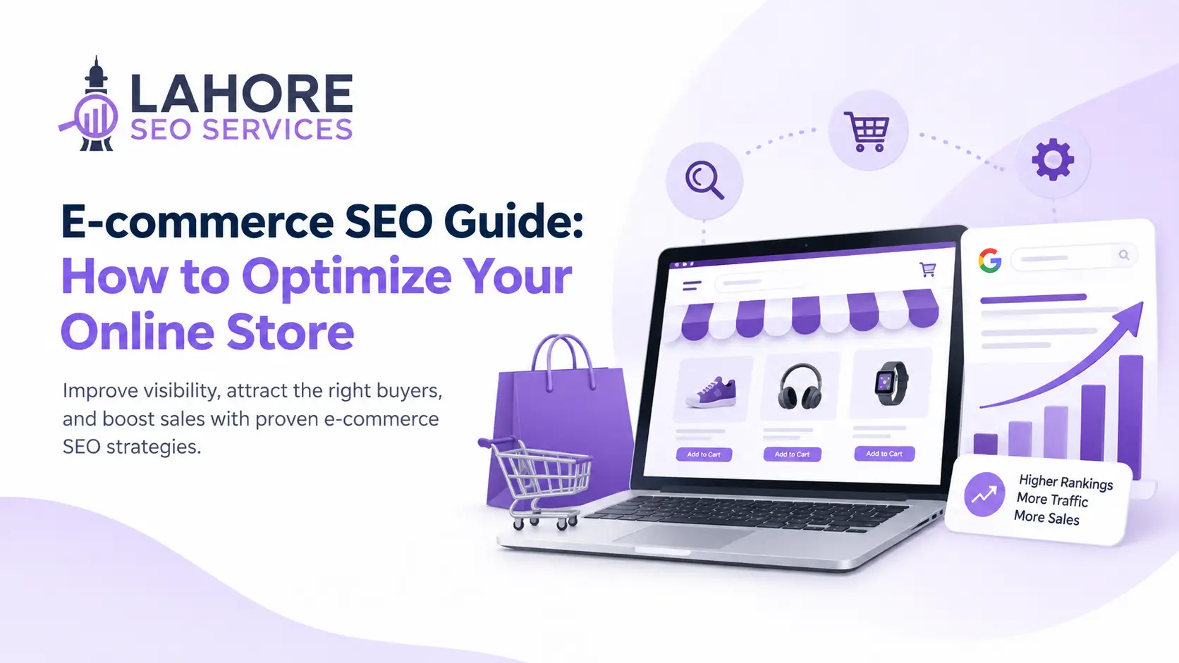 E-commerce SEO laptop with shopping and ranking visuals