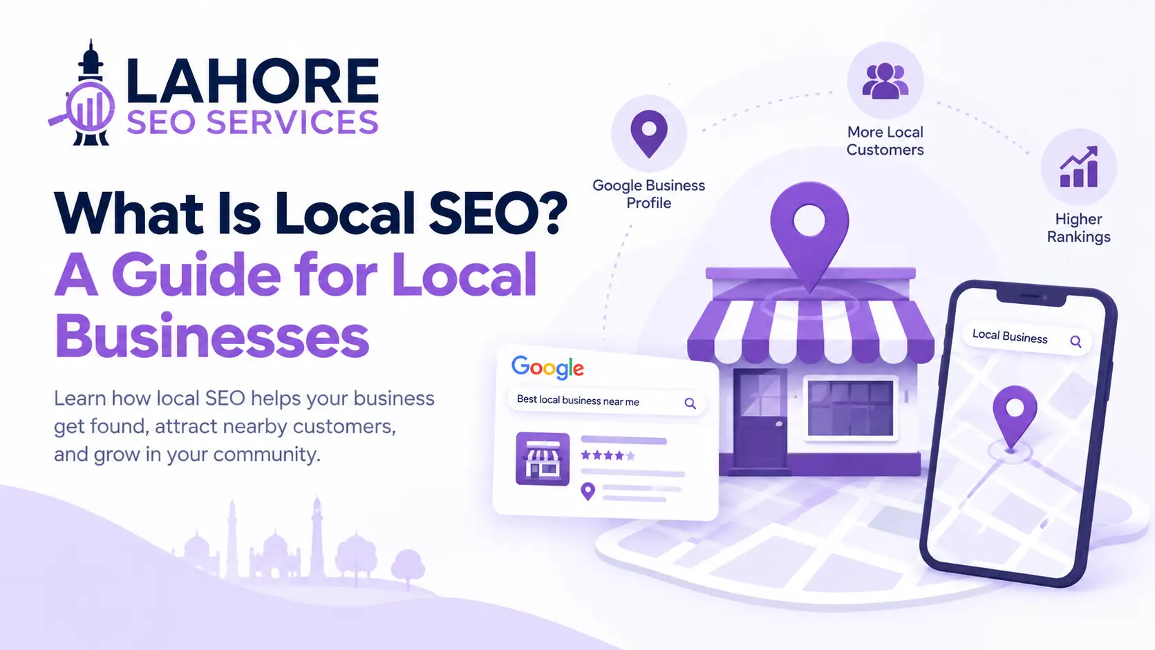 Local SEO guide with map, storefront, and search results visuals