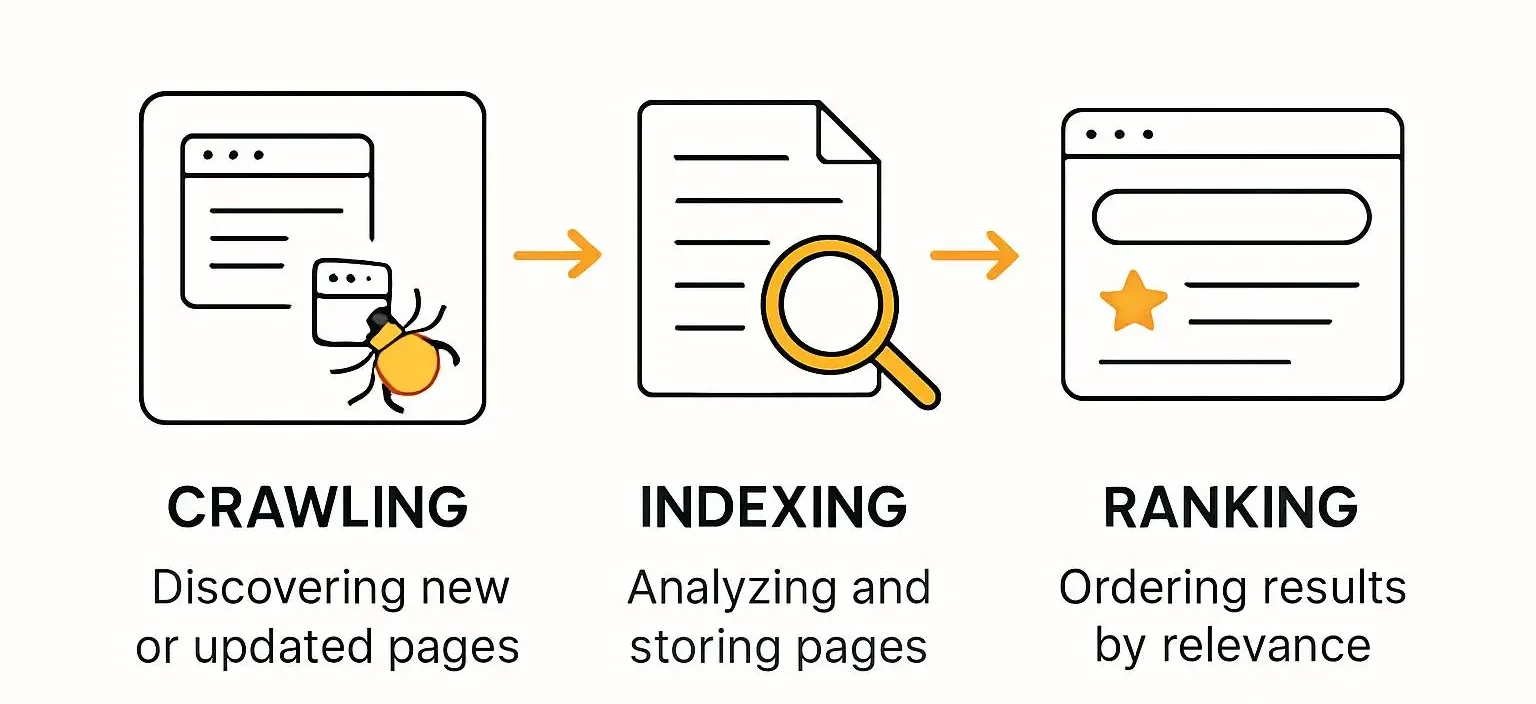 Visual comparison of crawling indexing and ranking