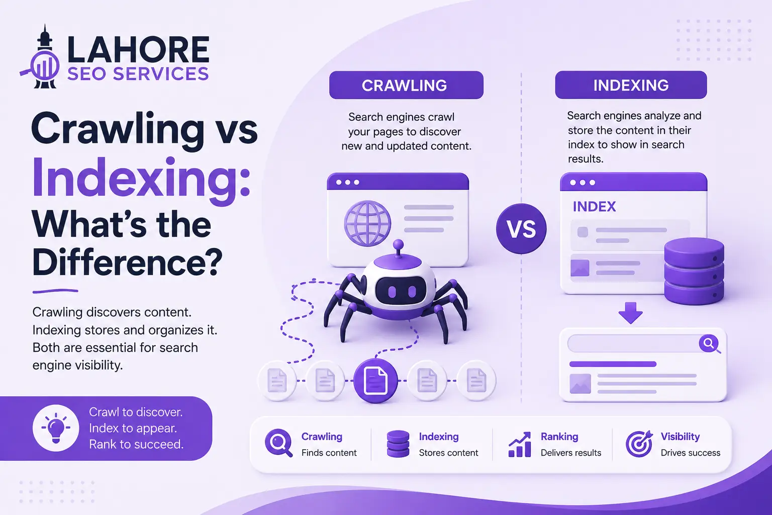 Crawling vs indexing explained with SEO process illustrations
