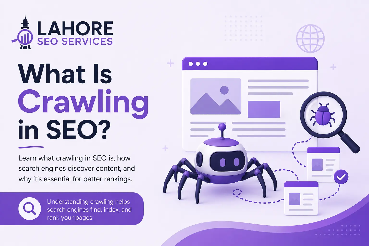 SEO crawling explained with a search engine bot illustration